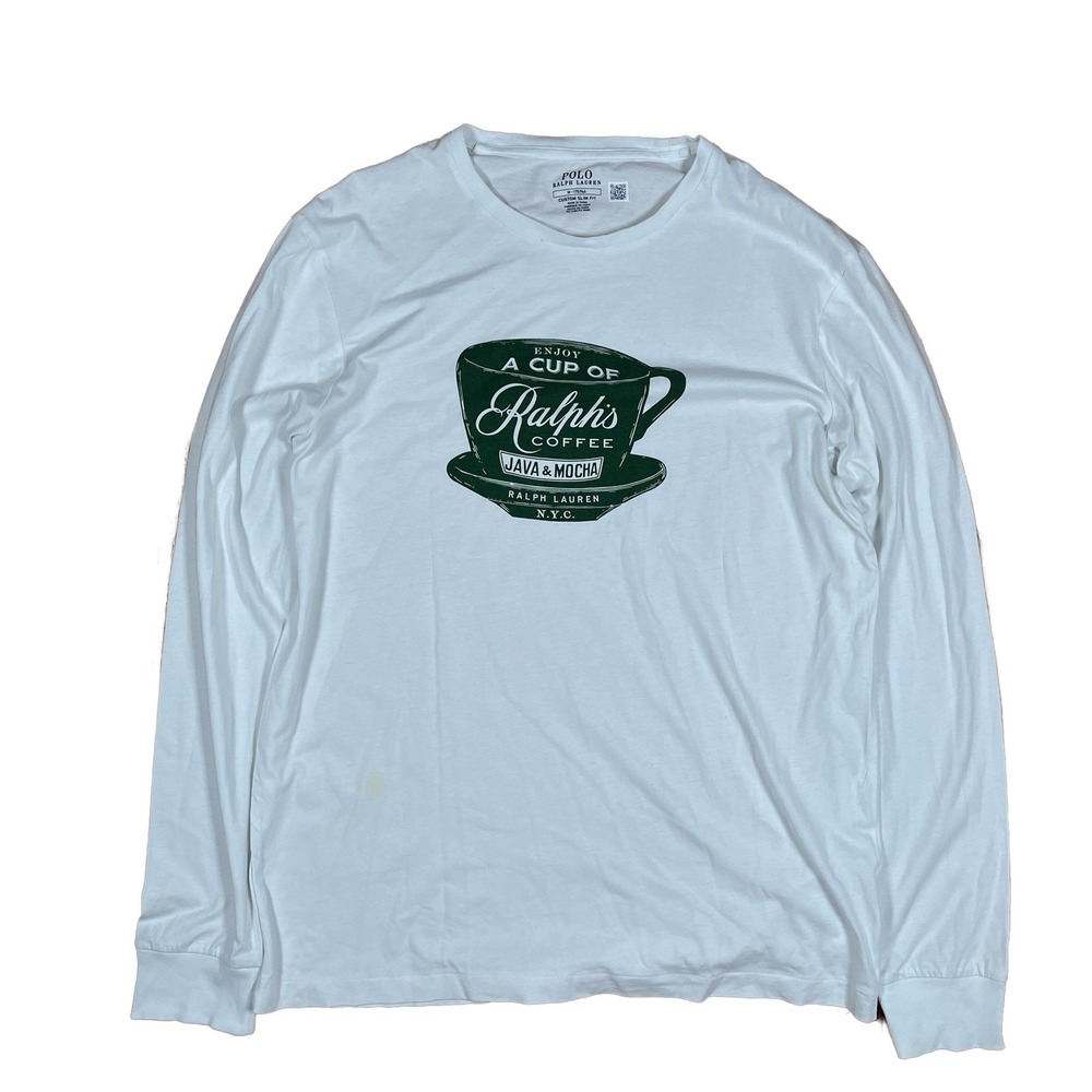 Polo Ralph Lauren Ralph's Coffee Cup Graphic Long Sleeve T-Shirt Medium Flaw